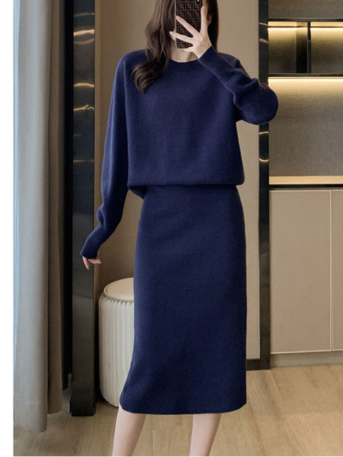 Knit Skirt Suit Set Women 2-Piece Elegant Casual Autumn Winter Fashion Outfit