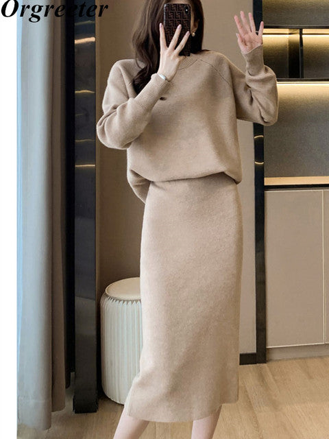 Autumn Winter Women's Knitted Skirt Suits 2-Piece Sets