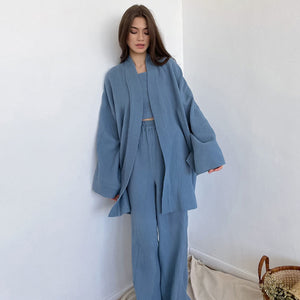 Women's Kimono Style Pajamas Cotton Long Drop Sleeve Flared Pajama Set