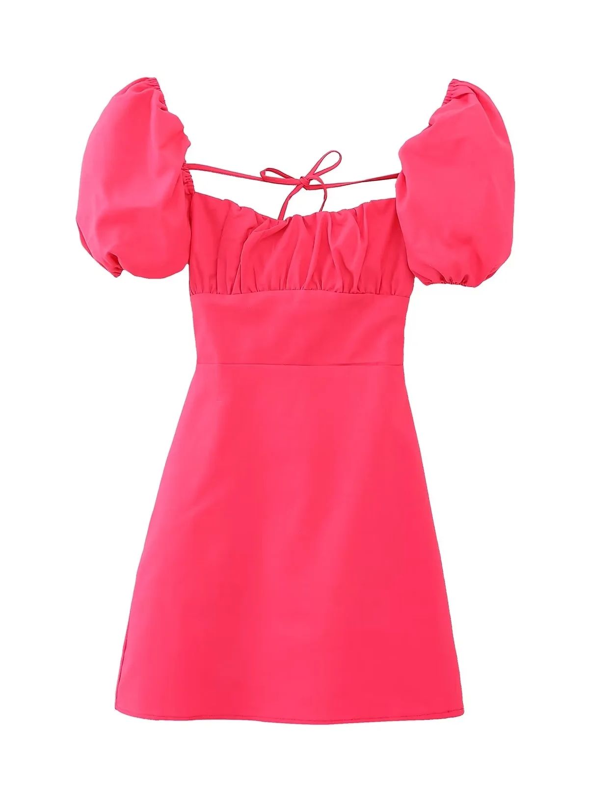Women's Linen Blend Dress Square Neck Short Sleeve Backless Dress