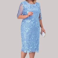 Plus Size Party Dress Floral Crew Neck Half Sleeve Elegant Midi Dress