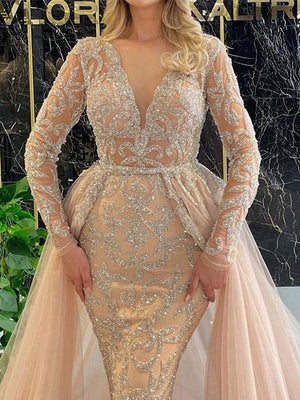 Glamorous V-Neck Mermaid Dress Sequin Elegant Wedding Dress Lace