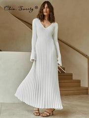 Solid Knitted Long Dress Elegant Pleated Dress