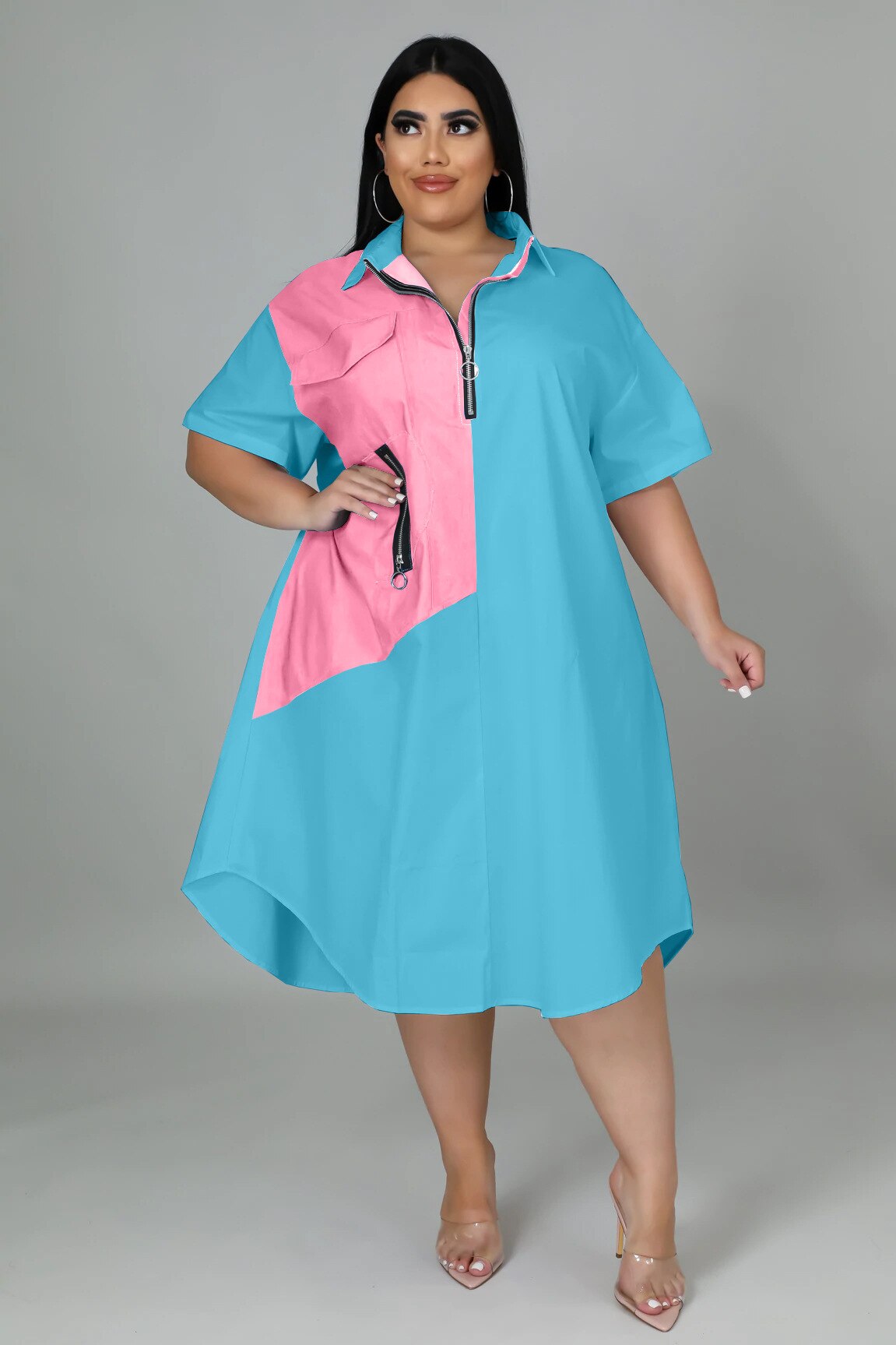 Plus Size Women's Shirt Dress Patchwork Zipper Sexy Dress