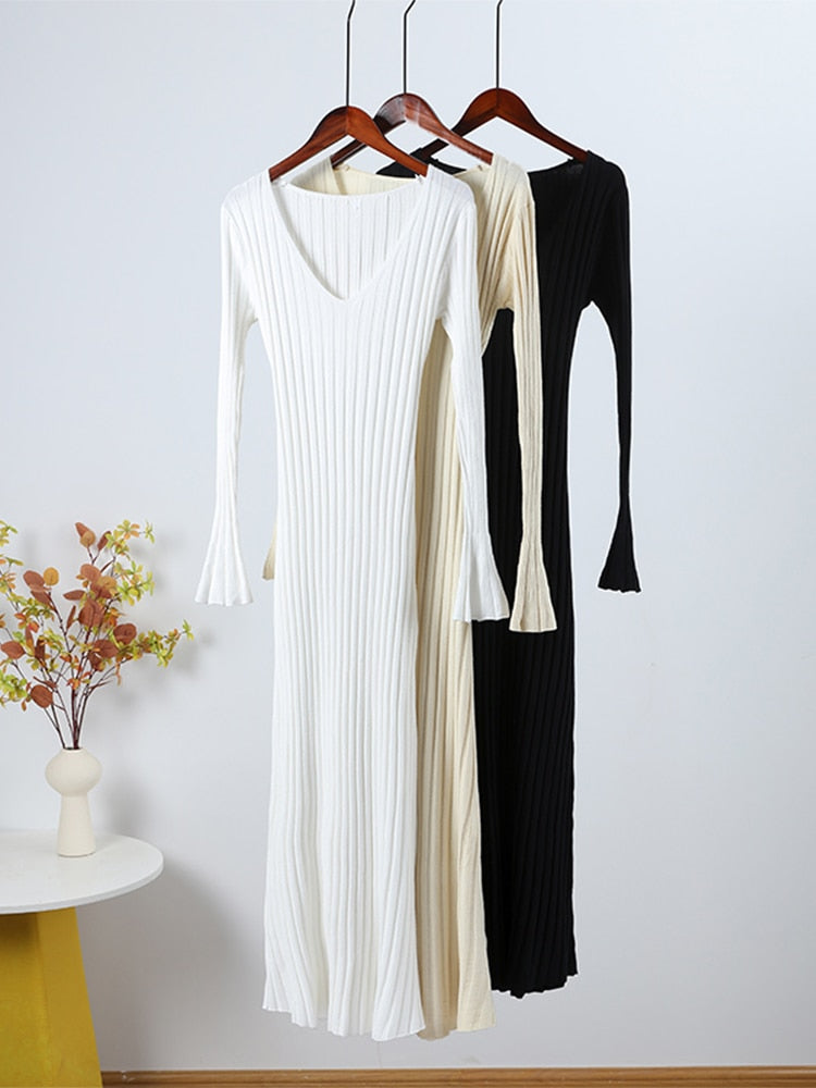 Solid Knitted Long Dress Elegant Pleated Dress