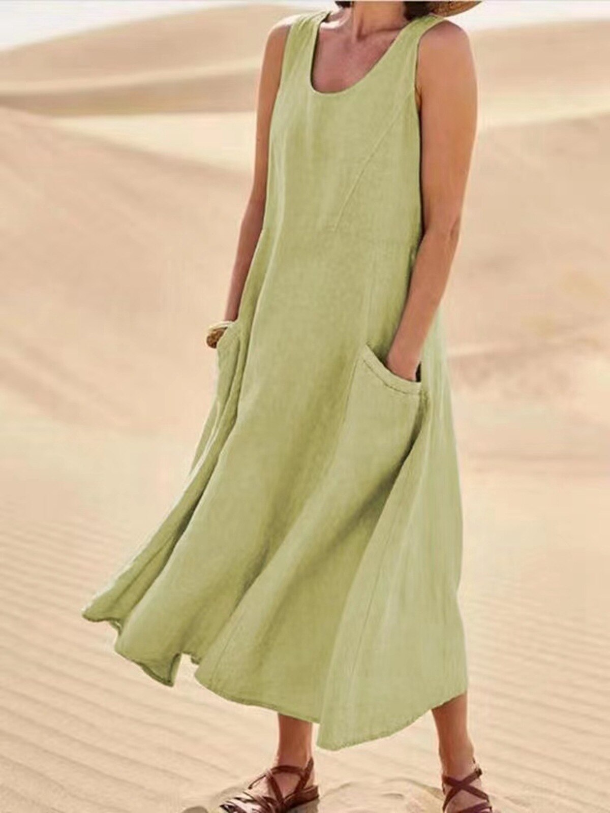 Sleeveless Loose Summer Dress Streetwear Solid V Neck Cotton & Linen Midi Dress Plus Sizes