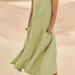 Sleeveless Loose Summer Dress Streetwear Solid V Neck Cotton & Linen Midi Dress Plus Sizes