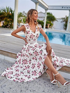 V-Neck Mid Waist Loose Dress Floral Print Midi Dress Spring Summer
