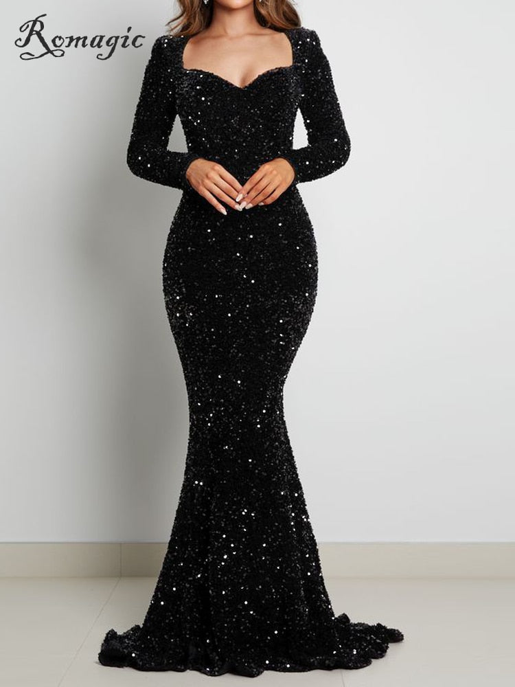Luxury Black Long Sleeve Evening Gown