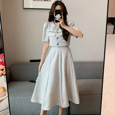 Top & Midi Skirt Set Women Elegant 2-Piece Above Elbow Sleeve Chic Casual Fashion Suit Outfit