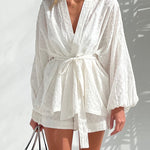 Elegant Long Sleeve Top Two Piece Sets Casual White Home Suit Elegant Shorts & Top