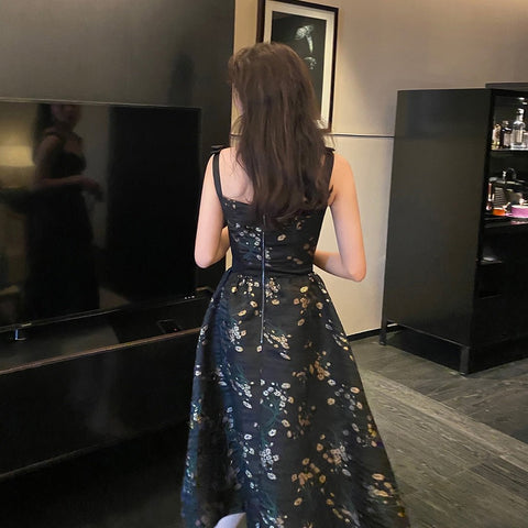 Floral Midi Dress Women Black Sleeveless V-Neck Elegant Party Casual Fashion Dress