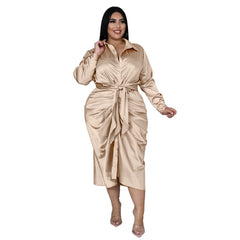 Plus Size Elegant Satin Dress Sexy Ruched Button Down Midi Dress