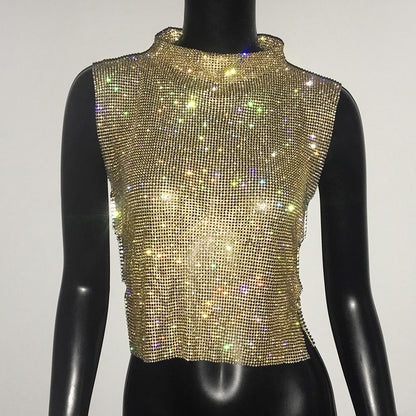 Sexy Rhinestone Crop Top Glitter Turtleneck Sparkly Shirt