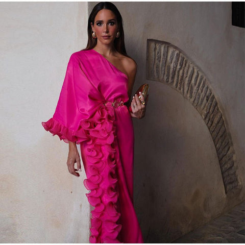 Long Sleeve Layered Ruffle Maxi Dress Women Diagonal Collar Asymmetric Elegant Evening Fashion