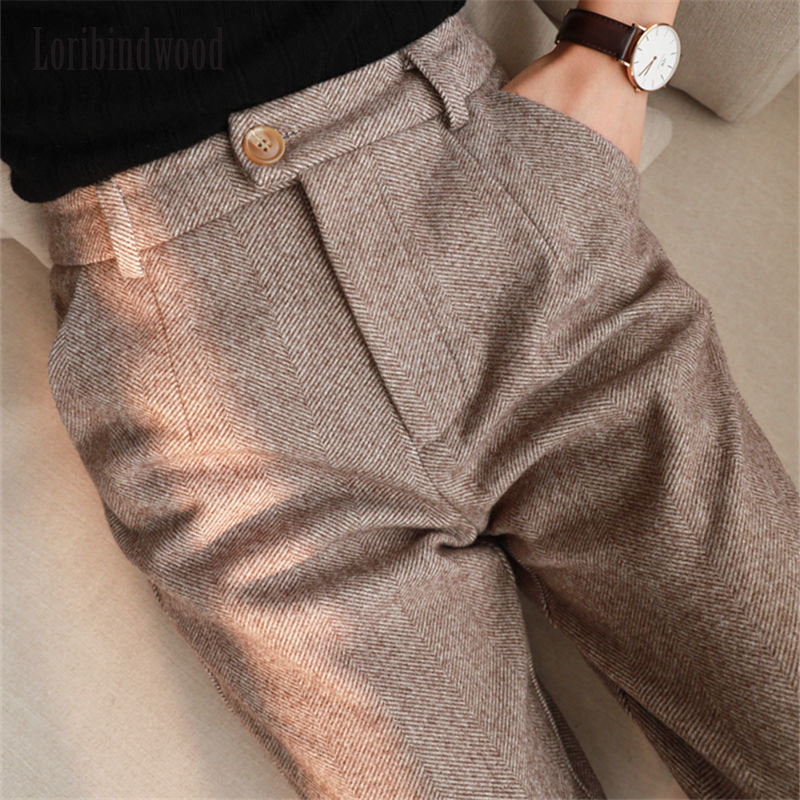 Woolen Pants For Women Harem Pencil Pants Autumn Winter High-Waist Casual Office Trousers