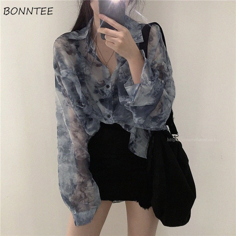 Women's Fashion Tie Dye Shirts Loose Casual Sun-Protective Embroidered Transparent Tops