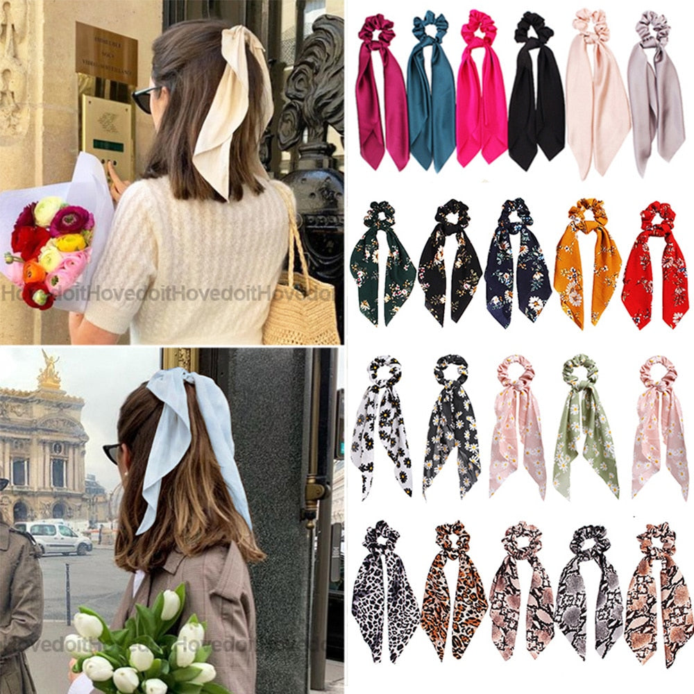 Satin Ribbon Hair Scrunchies Bow Elastic Hair Bands Hair Ties Ponytail Scarf