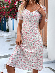 Women's Summer Floral Print Midi Dress Women V Neck Puff Sleeve Dress