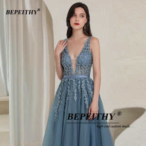 Elegant V Neck Gray Blue Prom Evening Dress Backless Sleeveless Long Gown