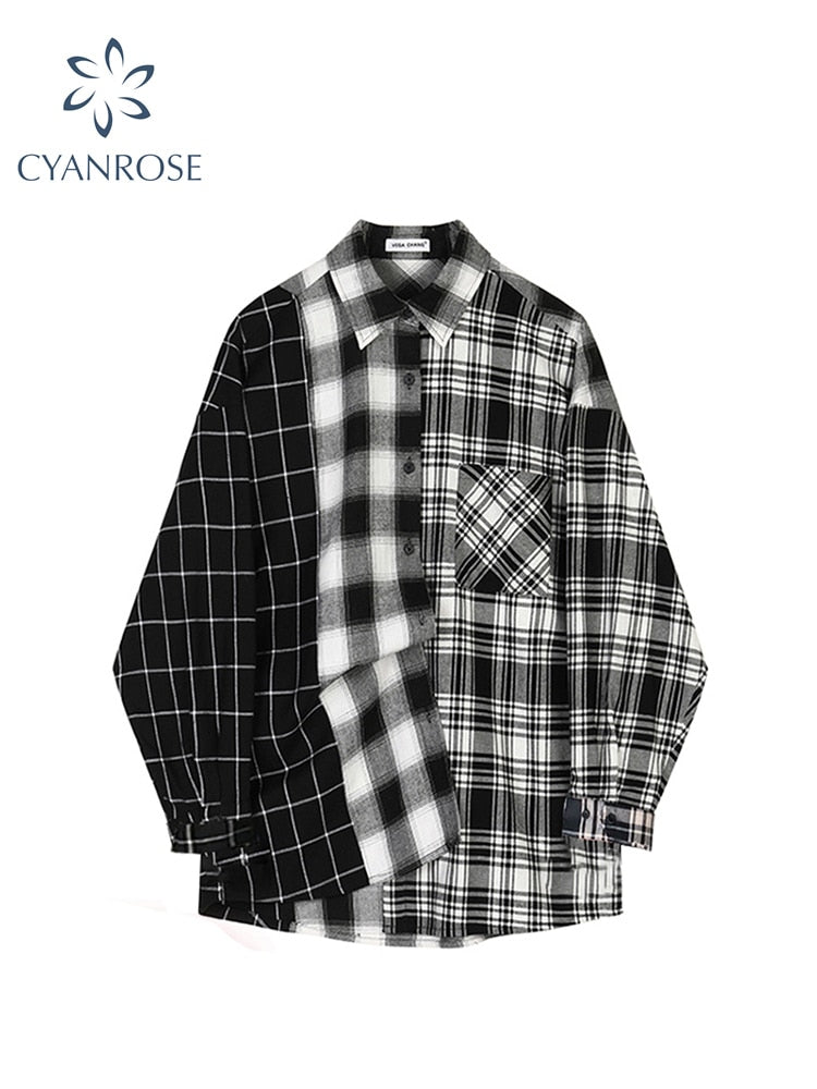 Oversized Plaid Patchwork Shirt Vintage Streetwear Blouse Grunge Punk Retro Shirt