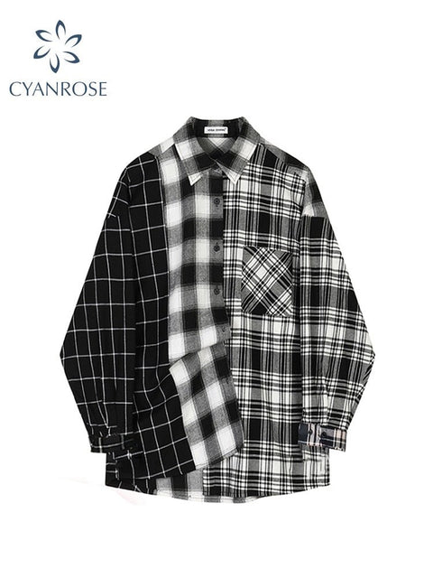 Oversized Plaid Patchwork Shirt Women Vintage Grunge Punk Retro Streetwear Fashion Blouse Top