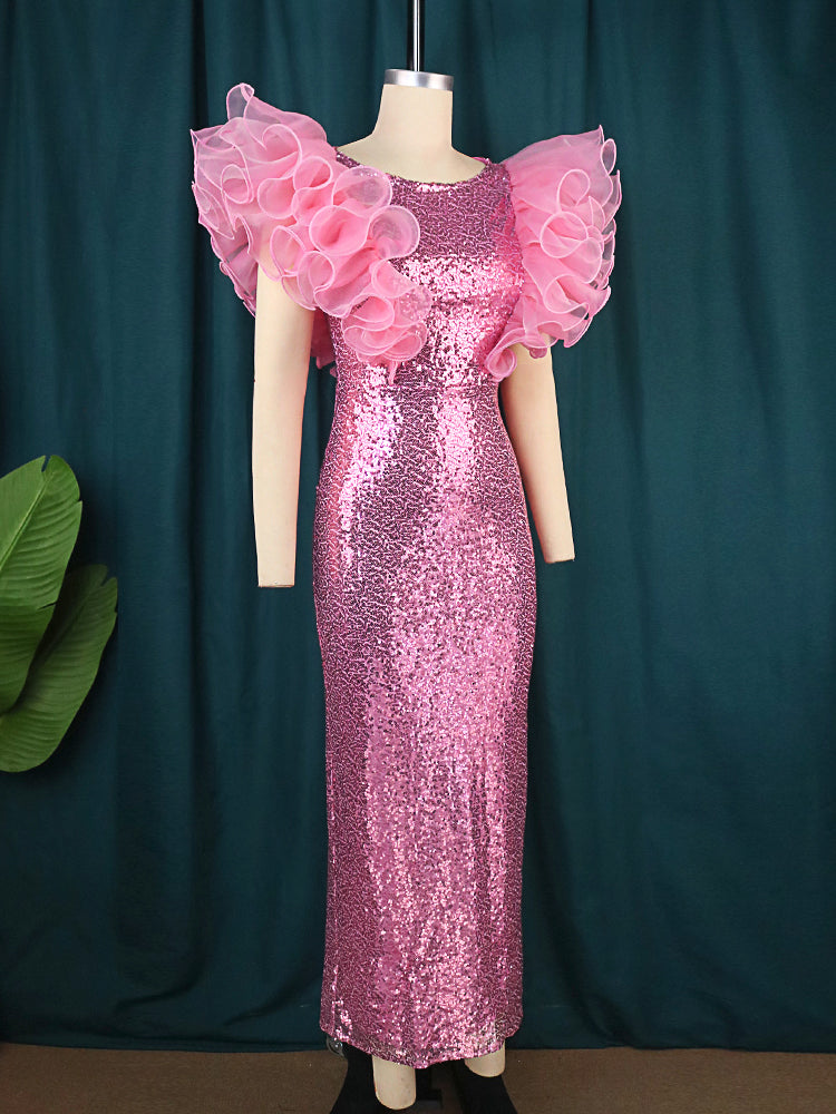 Pink Sequin Dress Puff Ruffle Sleeve Bodycon Sparkly Evening Dress