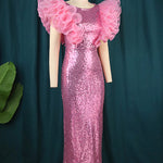 Pink Sequin Dress Puff Ruffle Sleeve Bodycon Sparkly Evening Dress