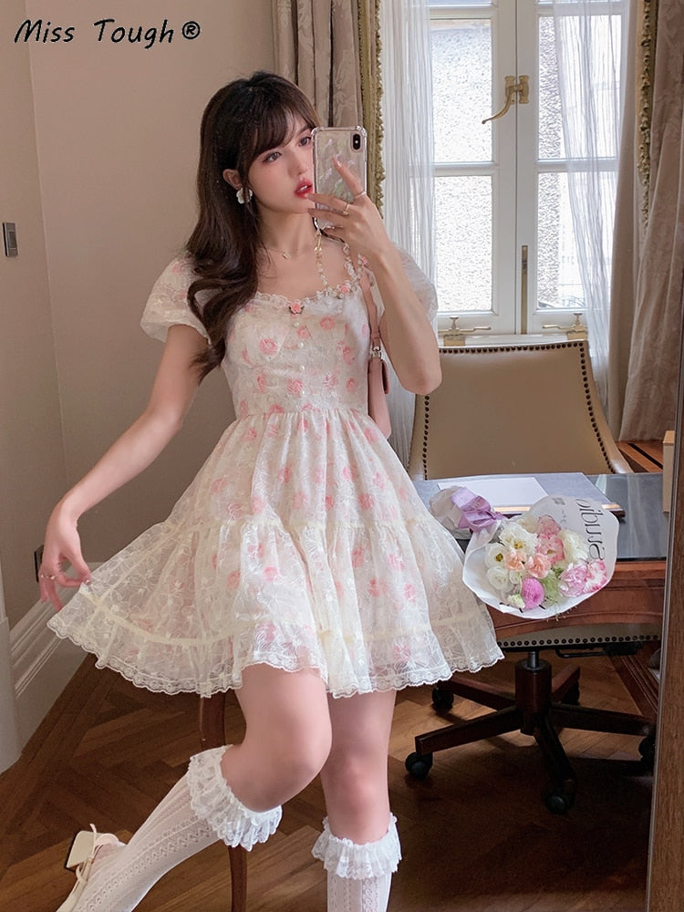 Floral Lace Korean Style Mini Dress Women Casual Elegant Summer Beach Floral Lace Korean Style Mini Dress Women Casual Elegant Summer Beach