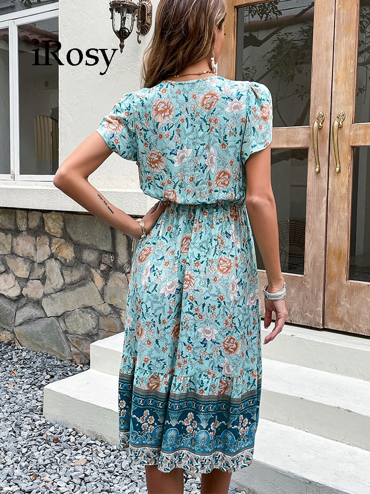 Bohemian Short Sleeve V-Neck Summer Midi Dress, Floral Print A Line Dress