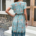 Bohemian Short Sleeve V-Neck Summer Midi Dress, Floral Print A Line Dress
