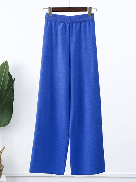 Lapel Knit Sweater & Wide Leg Pant Set Women Solid Loose Casual Winter Fashion Outfit