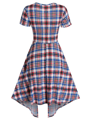 Plaid 2 In 1 Short Sleeve Short Dress Lace Up Faux Twinset Dress