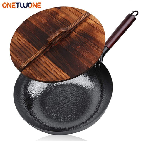 Carbon Steel Wok 12-Inch Flat Bottom Stir Fry Pan Electric Gas Induction Stove Kitchen Cookware
