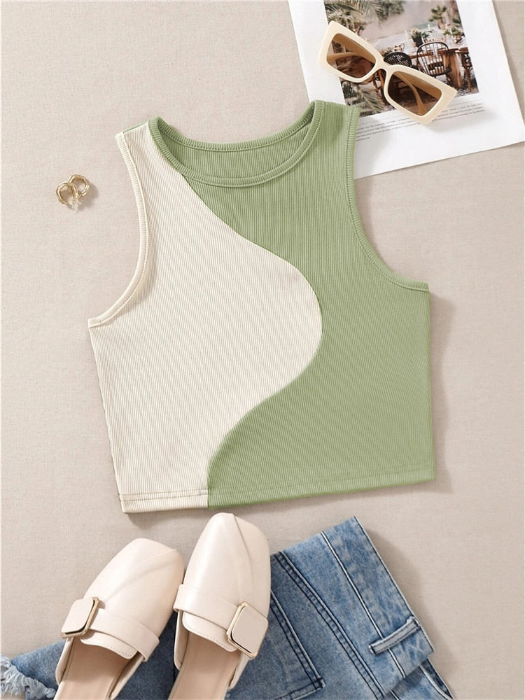 Y2K Clothes Streetwear Baby Tee Vest Cute Preppy Patchwork Bodycon Tank Top Crewneck