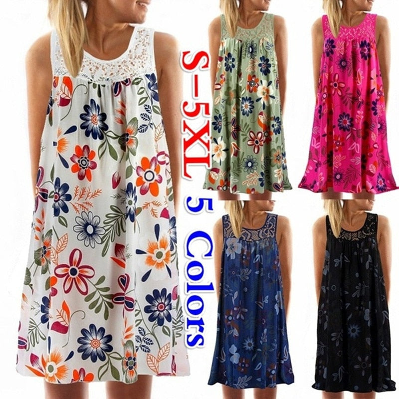 Women's Plus Sizes Boho  Summer Dress Floral Print Short Beach Dress
