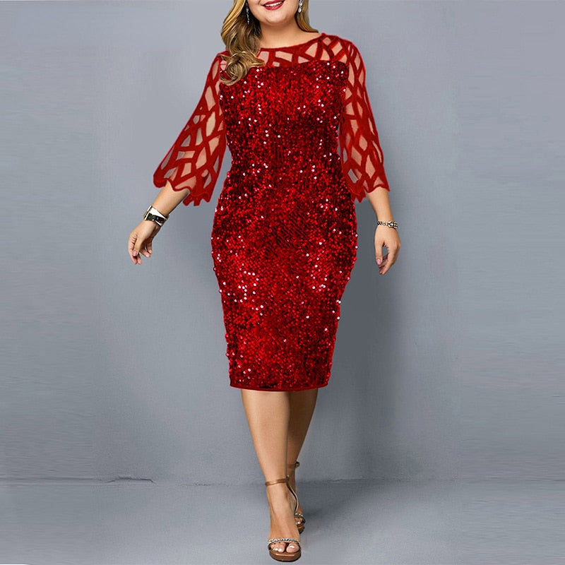 Plus Size Elegant Sexy Sequin Midi Sparkly Dress