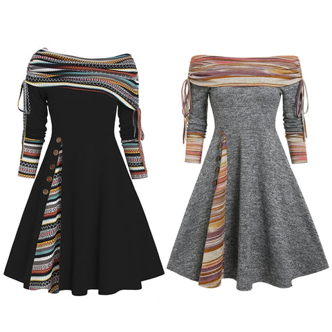 Plus Size Striped Flare Long Sleeve Dress Women Convertible Neck Cinched Party Fashion