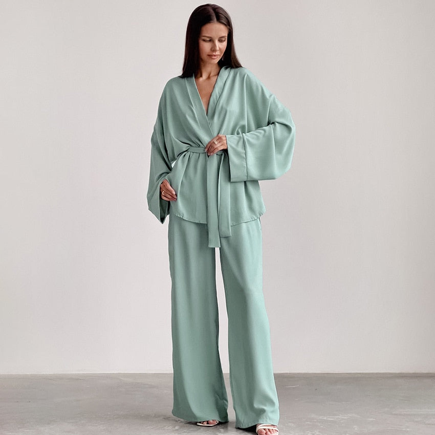 Elegant Long Sleeve Solid Color Sleepwear 2 Piece Set Women's Loose Pajama Lounge Set