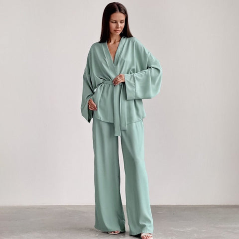 Long Sleeve Pajama Set Women Elegant Solid Loose 2-Piece Lounge Sleepwear Casual Fashion