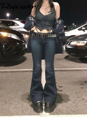 Women's Y2K Flare Jeans Vintage Low Waist Pants Aesthetic Streetwear Casual Denim Pants