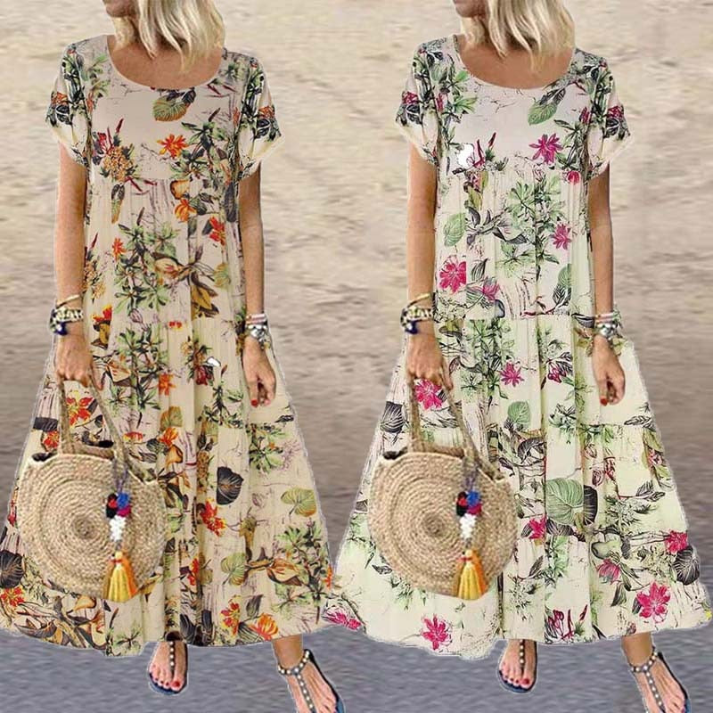 Women's Vintage Floral Long Summer Dress Boho Casual Loose Short Sleeve Dress Plus Sizes