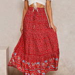 High Waist Boho Long Skirts for Women A-line Full Skirt Floral Print Drawstring Lace-Up Maxi Skirt