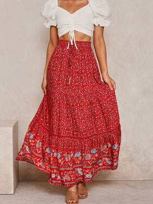 High Waist Boho Long Skirts for Women A-line Full Skirt Floral Print Drawstring Lace-Up Maxi Skirt