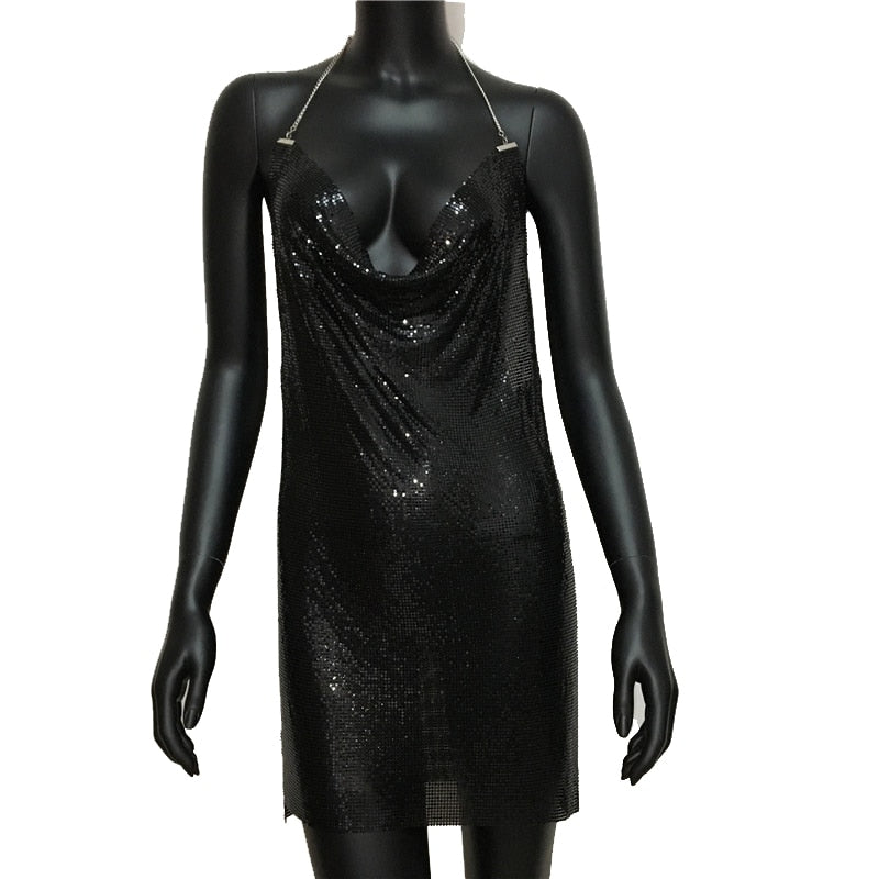 High Fashion Sexy Short Backless Metal Mesh Split Shiny Dress
