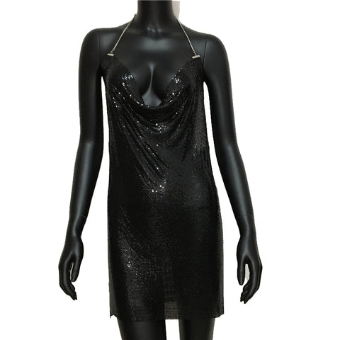Metal Mesh Backless Mini Dress Women Shiny Split Short Elegant Club Party Fashion Dress