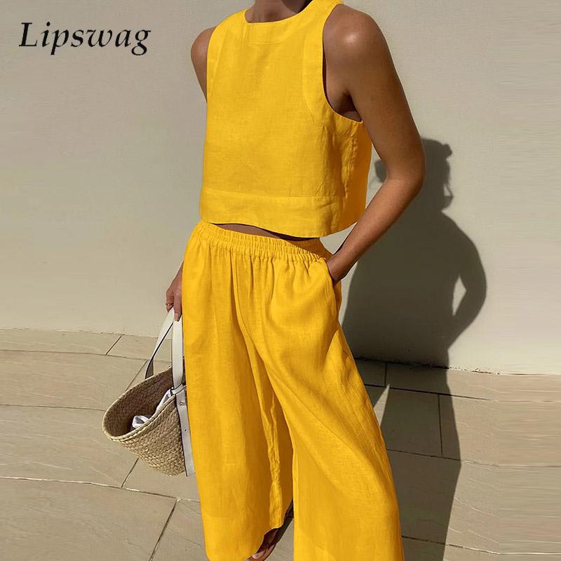 Lounge wear Set Shirt with Pants, 2 Piece Matching Set Cotton Blend Women's Sleeveless Tank Top and High Waist Pants Outfits