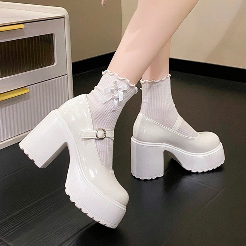 Women's Fashion White Platform Heels Loafers Shoes Casual College Student Shoes Chunky Heels Platform Shoes