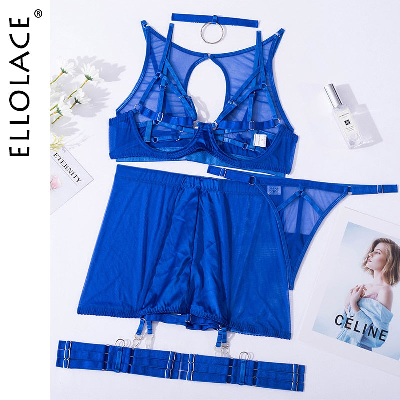 Sheer Bra & Garter Skirt Set Women 5-Piece Sleepwear Casual Intimate Fashion