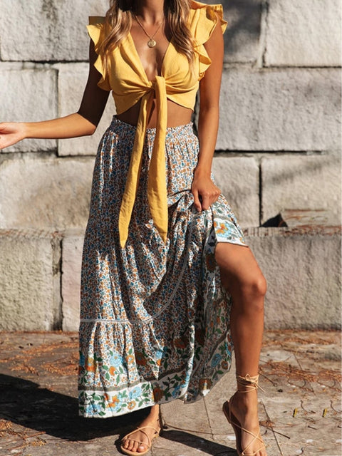 High Waist Floral Print Boho Maxi Skirt Women A-Line Drawstring Lace-Up Casual Summer Fashion